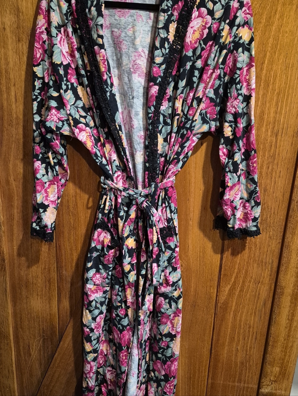 Victoria's Secret Gold Label Black Floral Robe with Pink Blooms Vintage Small